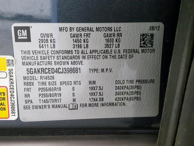 5GAKRCED4CJ398681 - 2012 BUICK ENCLAVE GRAY photo 10