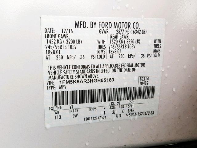 1FM5K8AR3HGB65180 - 2017 FORD EXPLORER P WHITE photo 10