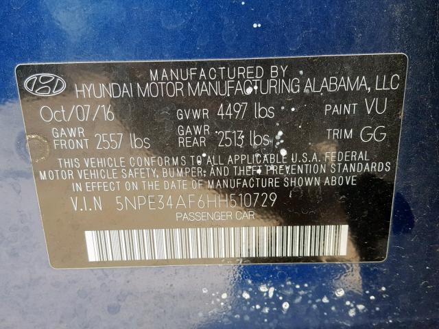 5NPE34AF6HH510729 - 2017 HYUNDAI SONATA SPO BLUE photo 10