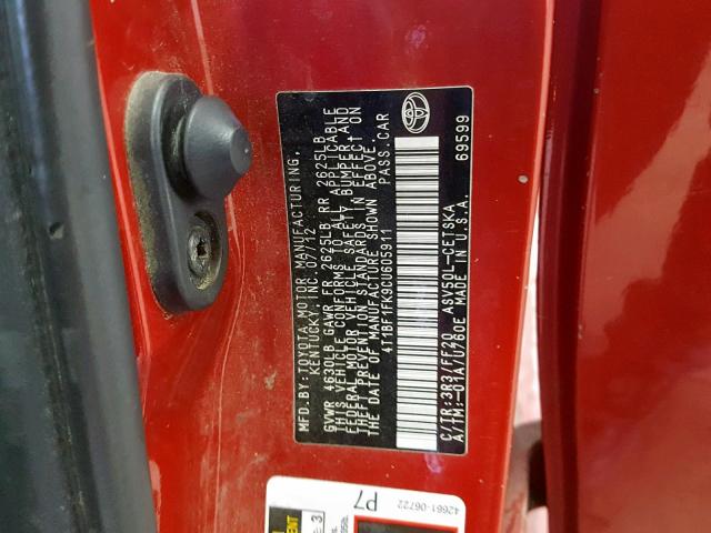 4T1BF1FK9CU605911 - 2012 TOYOTA CAMRY BASE RED photo 10