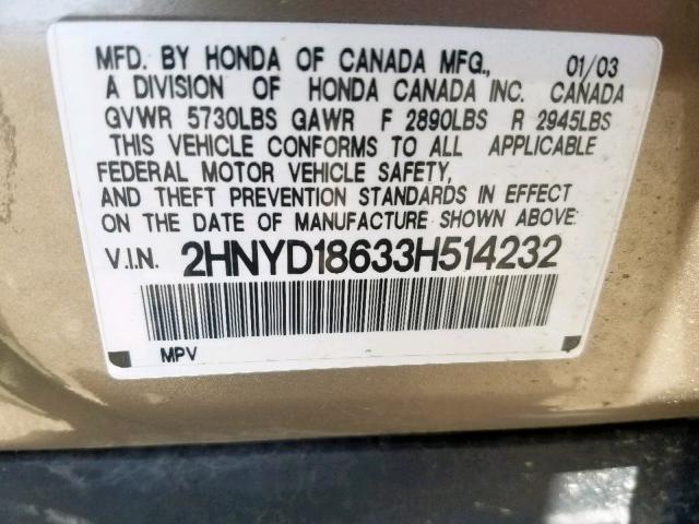 2HNYD18633H514232 - 2003 ACURA MDX TOURIN GOLD photo 10