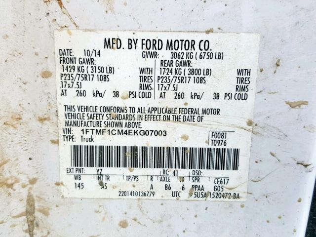 1FTMF1CM4EKG07003 - 2014 FORD F150 WHITE photo 10