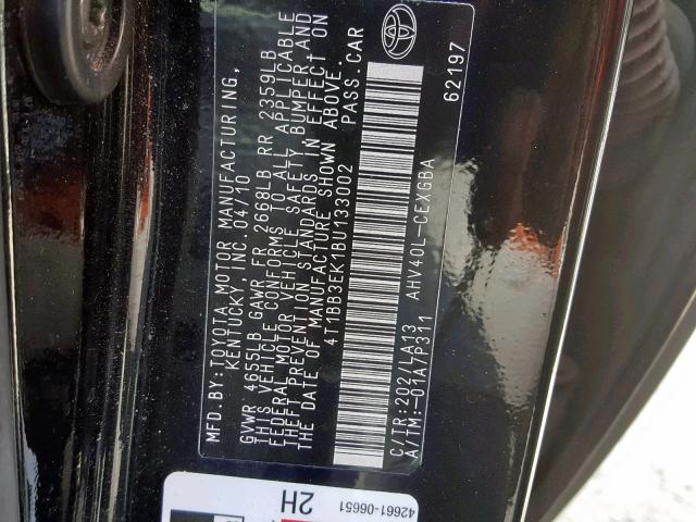 4T1BB3EK1BU133002 - 2011 TOYOTA CAMRY HYBR BLACK photo 10