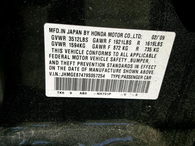 JHMGE87479S057254 - 2009 HONDA FIT SPORT BLACK photo 10