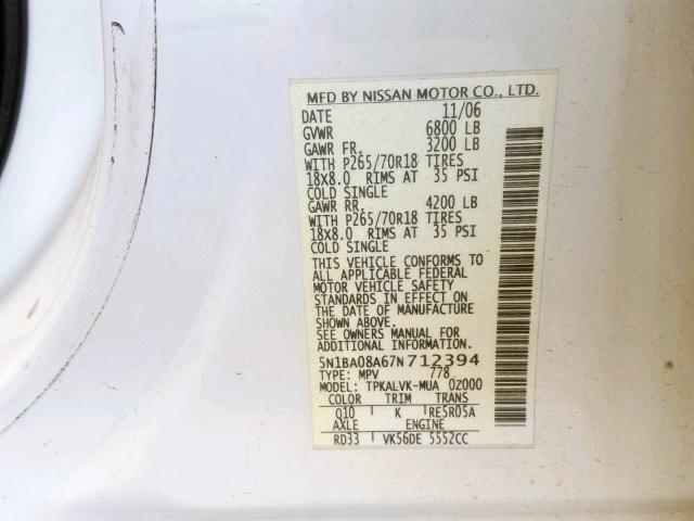 5N1BA08A67N712394 - 2007 NISSAN ARMADA SE WHITE photo 10