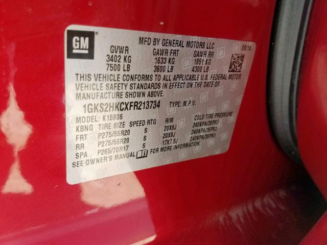 1GKS2HKCXFR213734 - 2015 GMC YUKON XL K RED photo 10