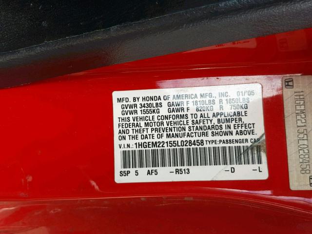 1HGEM22155L028458 - 2005 HONDA CIVIC DX V RED photo 10