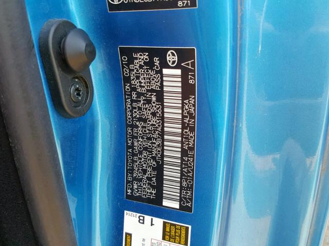 JTKDE3B77A0315631 - 2010 TOYOTA SCION TC BLUE photo 10