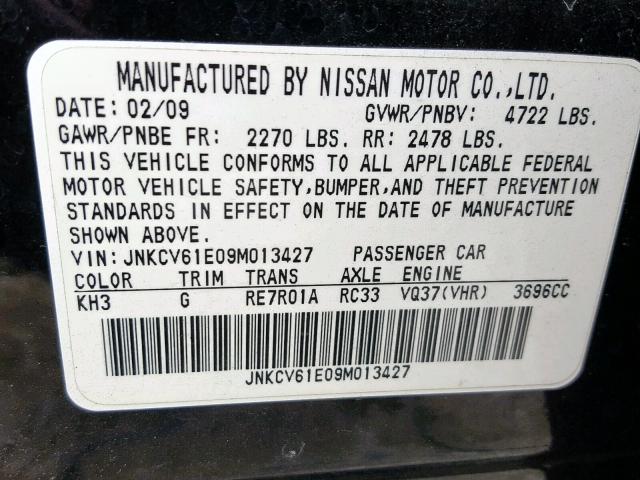 JNKCV61E09M013427 - 2009 INFINITI G37 BASE BLACK photo 10