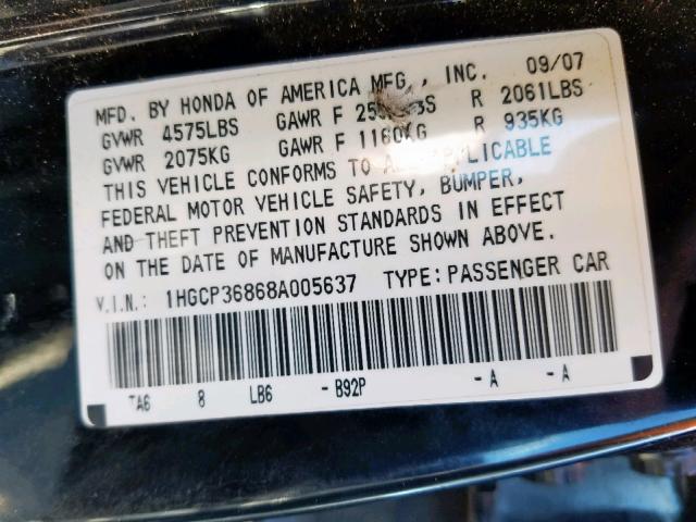 1HGCP36868A005637 - 2008 HONDA ACCORD EXL BLACK photo 10