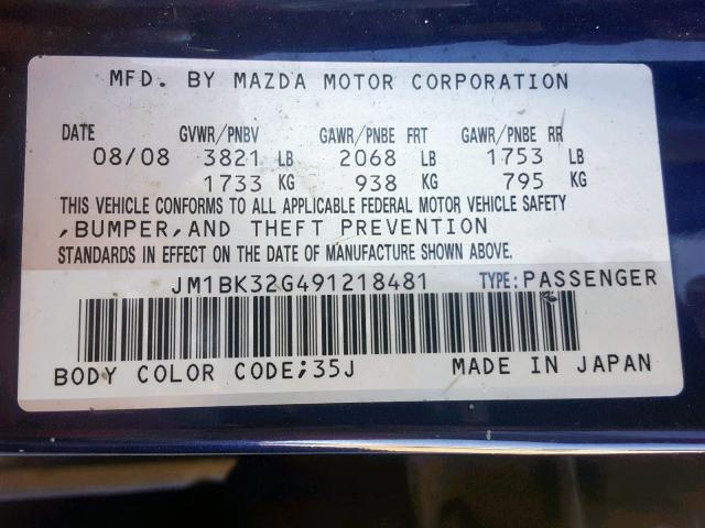 JM1BK32G491218481 - 2009 MAZDA 3 I BLUE photo 10