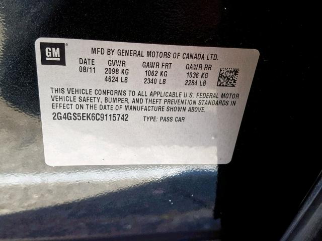 2G4GS5EK6C9115742 - 2012 BUICK REGAL PREM BLACK photo 10