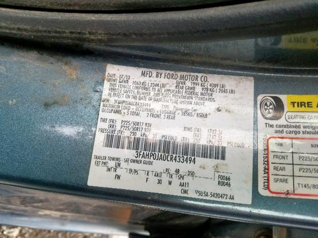 3FAHP0JA0CR433494 - 2012 FORD FUSION SEL TEAL photo 10