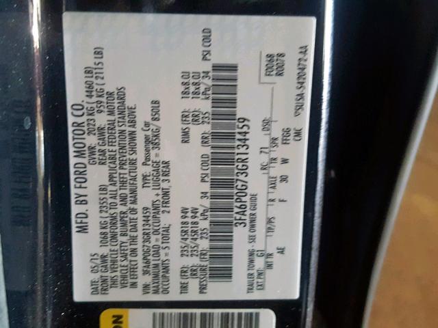 3FA6P0G73GR134459 - 2016 FORD FUSION S BLACK photo 10