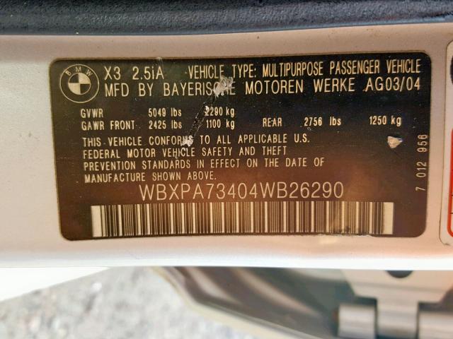 WBXPA73404WB26290 - 2004 BMW X3 2.5I SILVER photo 10