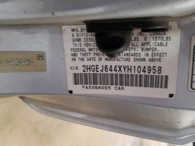 2HGEJ644XYH104958 - 2000 HONDA CIVIC DX SILVER photo 10