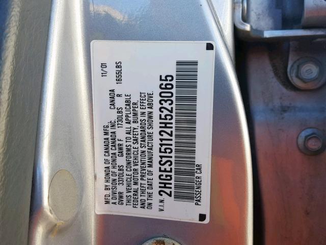 2HGES15112H523065 - 2002 HONDA CIVIC DX GRAY photo 10