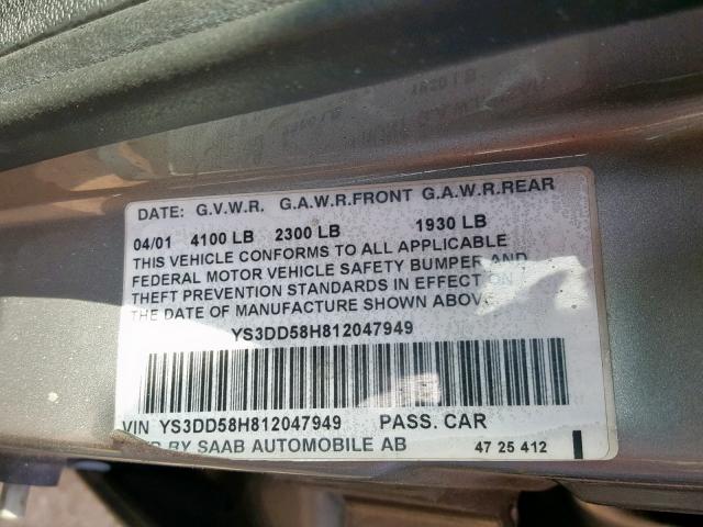 YS3DD58H812047949 - 2001 SAAB 9-3 GRAY photo 10