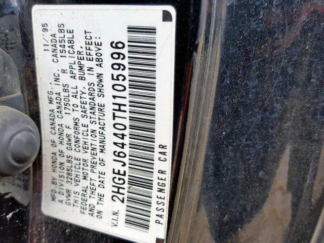 2HGEJ6440TH105996 - 1996 HONDA CIVIC DX BLACK photo 10