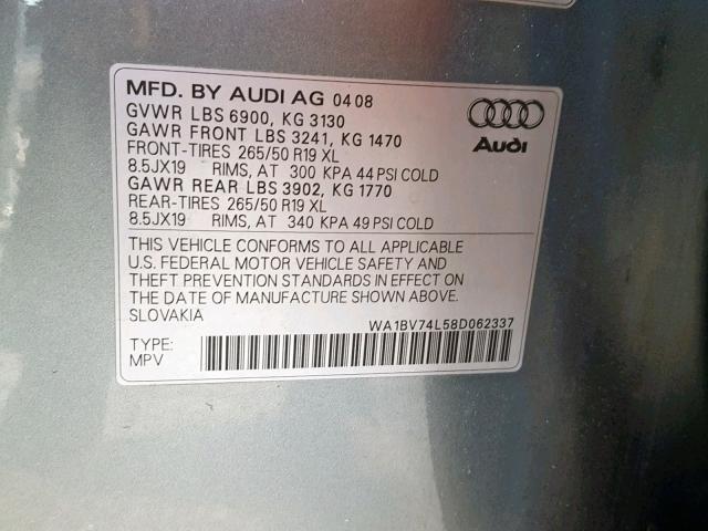 WA1BV74L58D062337 - 2008 AUDI Q7 4.2 QUA BLUE photo 10