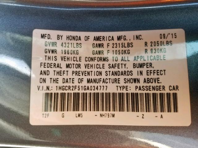 1HGCR2F51GA034777 - 2016 HONDA ACCORD SPO GRAY photo 10