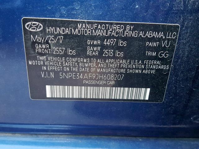 5NPE34AF9JH608207 - 2018 HYUNDAI SONATA SPO BLUE photo 10