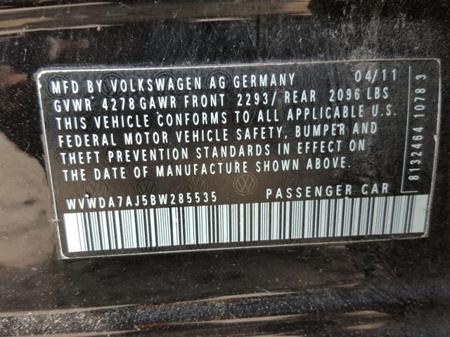 WVWDA7AJ5BW285535 - 2011 VOLKSWAGEN GOLF 黑色 照片 10