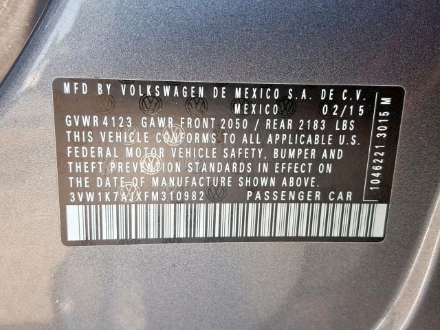 3VW1K7AJXFM310982 - 2015 VOLKSWAGEN JETTA BASE 灰色 照片 10