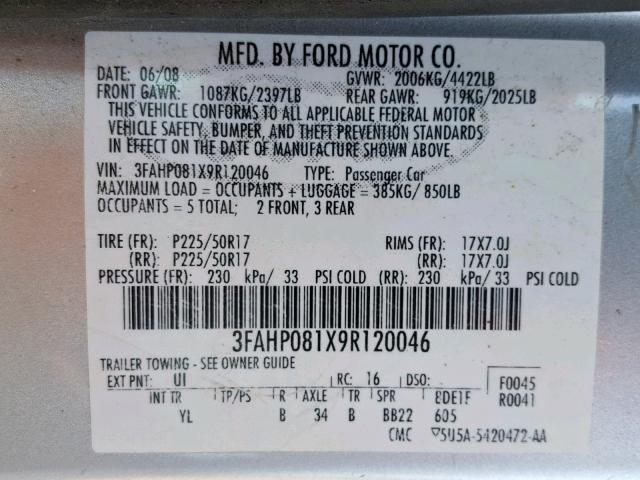 3FAHP081X9R120046 - 2009 FORD FUSION SEL SILVER photo 10