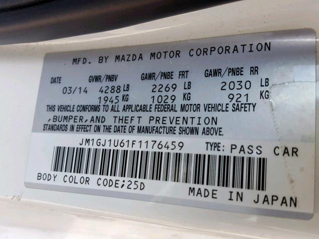 JM1GJ1U61F1176459 - 2015 MAZDA 6 SPORT WHITE photo 10