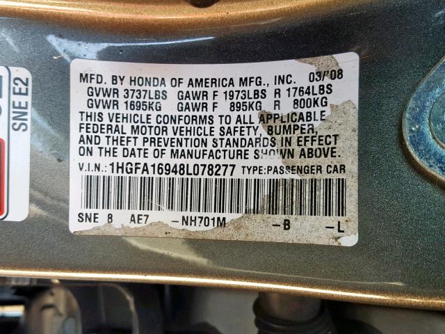 1HGFA16948L078277 - 2008 HONDA CIVIC EXL 灰色 照片 10