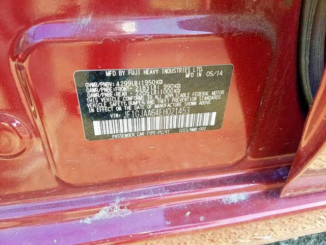 JF1GJAA64EH021453 - 2014 SUBARU IMPREZA RED photo 9