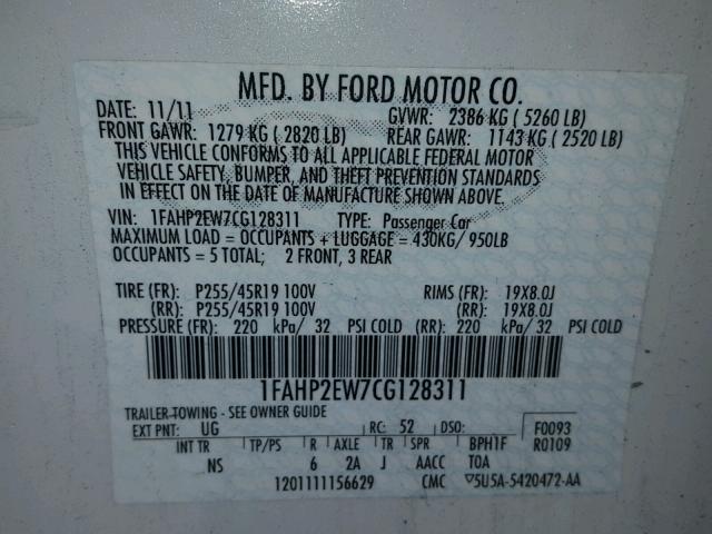 1FAHP2EW7CG128311 - 2012 FORD TAURUS SEL WHITE photo 10