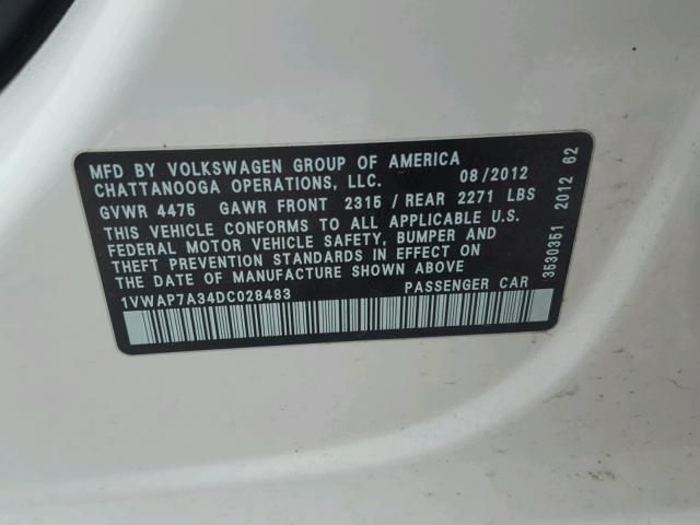 1VWAP7A34DC028483 - 2013 VOLKSWAGEN PASSAT S WHITE photo 10