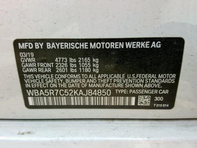 WBA5R7C52KAJ84850 - 2019 BMW 330XI WHITE photo 10