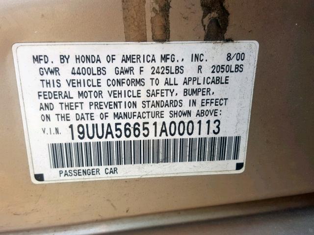 19UUA56651A000113 - 2001 ACURA 3.2TL GOLD photo 10