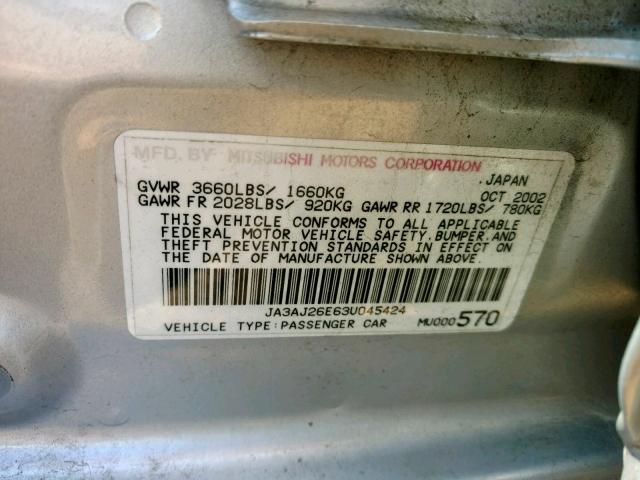 JA3AJ26E63U045424 - 2003 MITSUBISHI LANCER ES SILVER photo 10