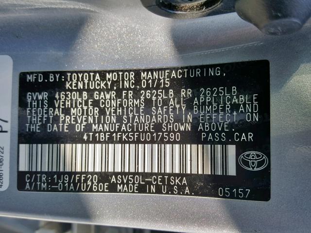 4T1BF1FK5FU017590 - 2015 TOYOTA CAMRY LE SILVER photo 10