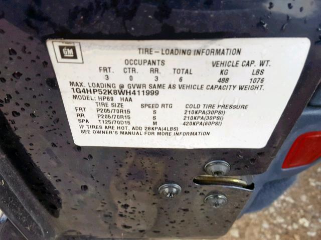 1G4HP52K8WH411999 - 1998 BUICK LESABRE CU BLUE photo 10