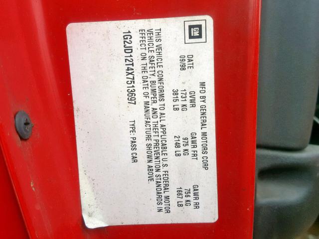 1G2JD12T4X7513697 - 1999 PONTIAC SUNFIRE GT RED photo 10