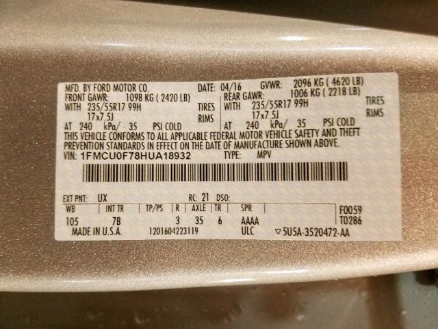 1FMCU0F78HUA18932 - 2017 FORD ESCAPE S SILVER photo 10