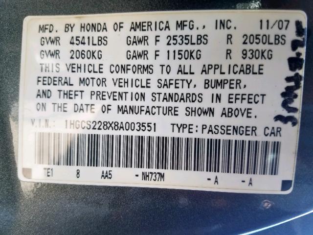 1HGCS228X8A003551 - 2008 HONDA ACCORD EXL GRAY photo 10