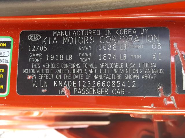 KNADE123266085412 - 2006 KIA RIO RED photo 10