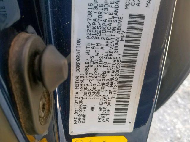 JTEHF21A220053527 - 2002 TOYOTA HIGHLANDER BLUE photo 10