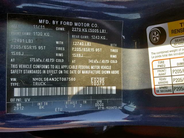 NM0LS6AN3CT087560 - 2012 FORD TRANSIT CO BLUE photo 10