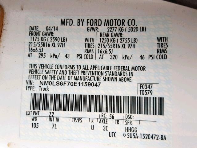 NM0LS6F70E1159047 - 2014 FORD TRANSIT CO WHITE photo 10