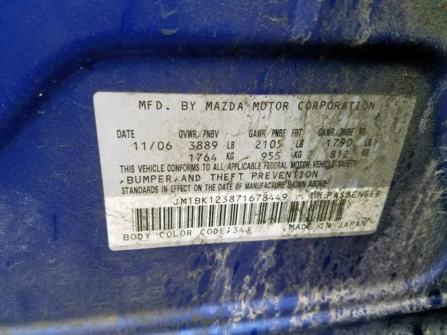 JM1BK123871678449 - 2007 MAZDA 3 S BLUE photo 10