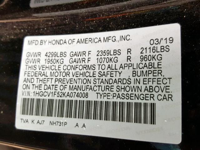 1HGCV1F52KA074008 - 2019 HONDA ACCORD EXL BLACK photo 10