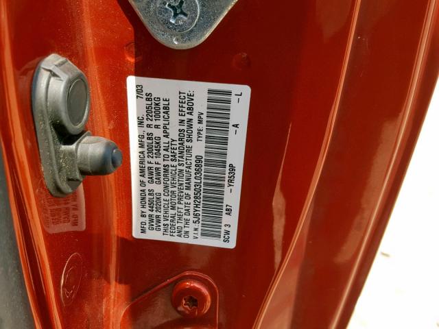 5J6YH28503L036890 - 2003 HONDA ELEMENT EX ORANGE photo 10