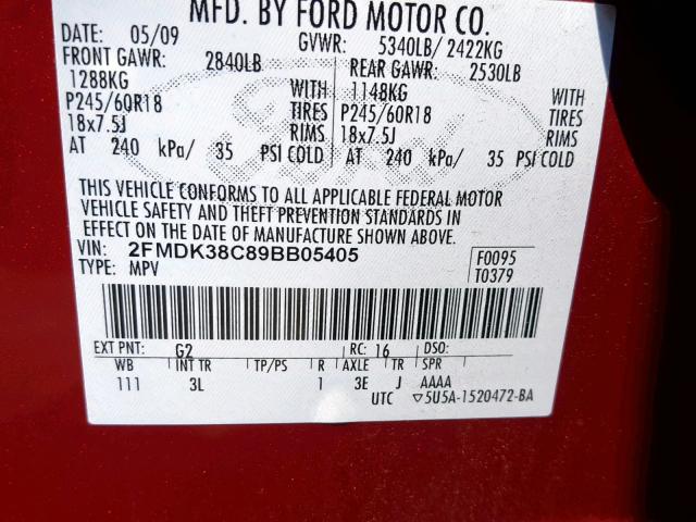 2FMDK38C89BB05405 - 2009 FORD EDGE SEL RED photo 10